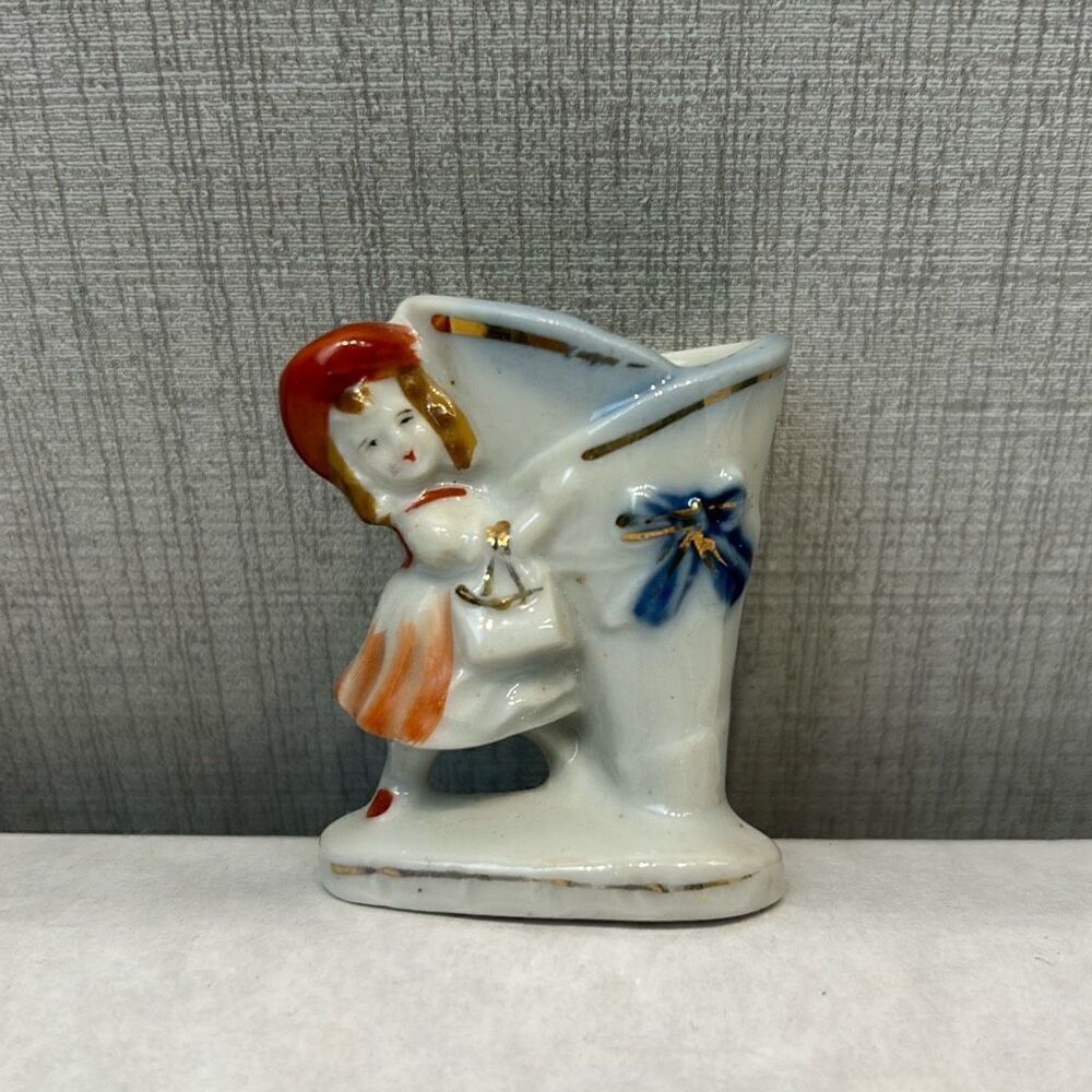 Vtg 1940-50's Occupied Japan Mini Porcelain Vase Small Figurine Girl Toothpick H